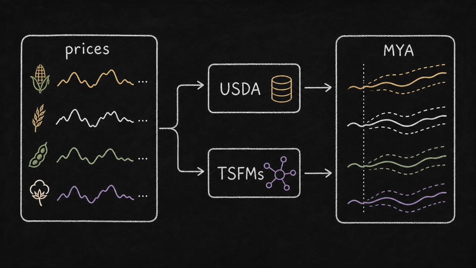 Chalkboard diagram of commodity price series flowing through USDA and TSFM forecasting paths into Marketing Year Average outputs