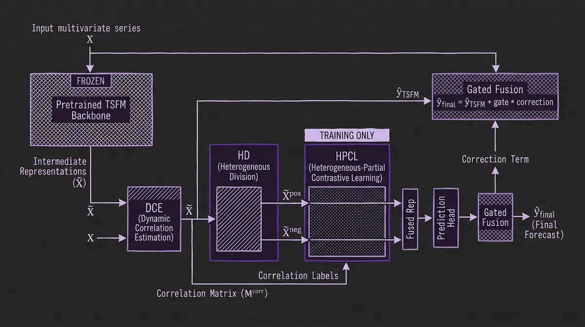 CoRA adapter architecture pipeline showing frozen TSFM backbone, DCE, HD, and HPCL modules with gated fusion output