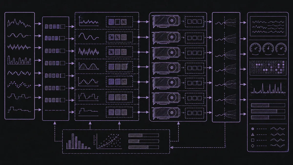 GPU server racks receiving batched time-series streams and producing forecast bands through a monitored serving layer